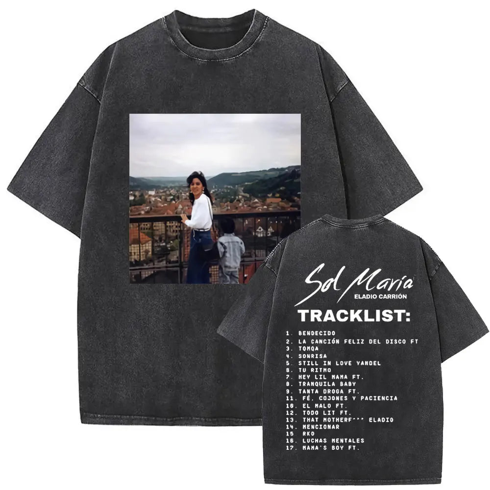 Limited Rapper Eladio Carrion Album Cover Washed Vintage T-shirt Summer Men Women Hip Hop Oversized Street Crewneck T Shirt Tops