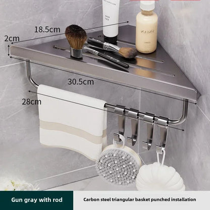 Bathroom Stainless Triangle Drain Shelf No Drilling Wall Mounted Cosmetic and Toiletries Carbon Steel Shelf with Hooks Holder