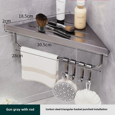 Bathroom Stainless Triangle Drain Shelf No Drilling Wall Mounted Cosmetic and Toiletries Carbon Steel Shelf with Hooks Holder
