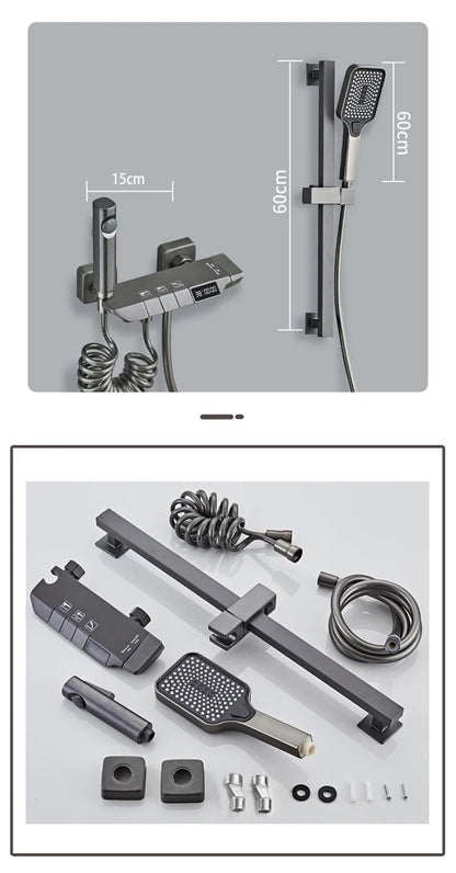 Modern Shower System Full Set Grey 2 Way Piano Keys Bathroom Shower Set Wall Mounted Brass Bathtub Digital Display Shower Faucet