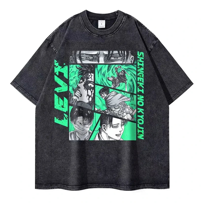 Eren Jaeger 2D T-shirts Vintage Washed Anime T-Titan A-Attack T Shirt Manga Shingeki no Kyojin Levi Mikasa Short Sleeve Tops