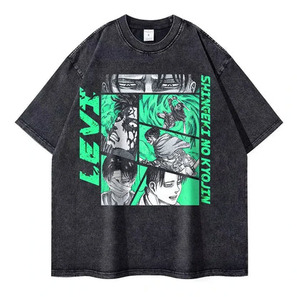 Eren Jaeger 2D T-shirts Vintage Washed Anime T-Titan A-Attack T Shirt Manga Shingeki no Kyojin Levi Mikasa Short Sleeve Tops