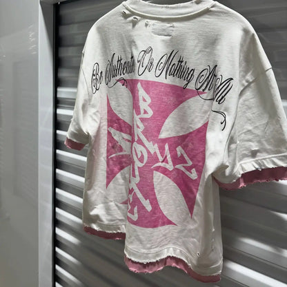 New Y2k Streetwear Splicing T Shirt Fashionable Hip Hop Graffiti Graphic Shirt Printing Ripped Design Retro Oversized Loose Tops