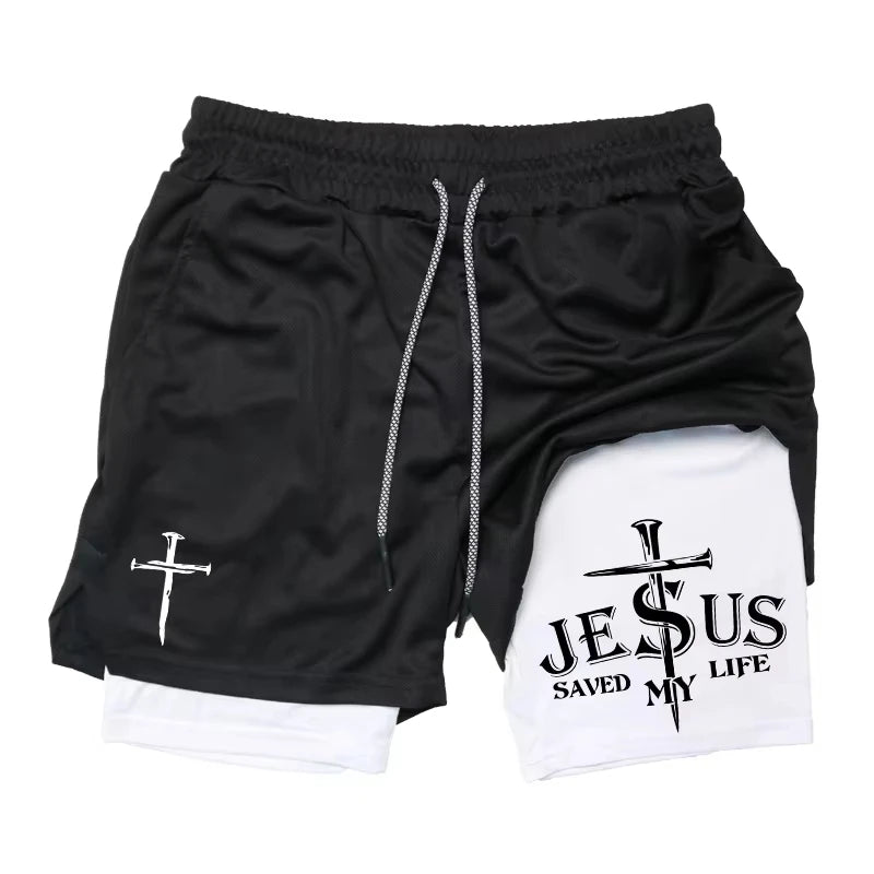 Summer New Cross Bible Printed Shorts: Unisex Double-Layer 2-in-1 Quick-Dry Sports & Fitness Pants, Beach Shorts RL10006