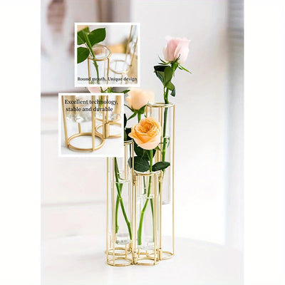 Test Tube Vase with 5 Test Tubes, Gold Vase for Centerpiece, Gold Vase with Metal Stand, Glass Vase for Wedding Home Decoration