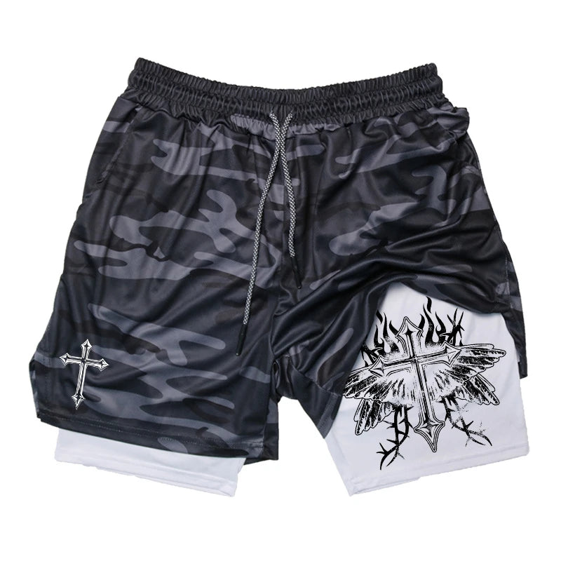 Graphic 2 in 1 Workout Running Shorts for Men Christian Athletic Performance Shorts with Phone Pocket Towel Loop Gym Outfits