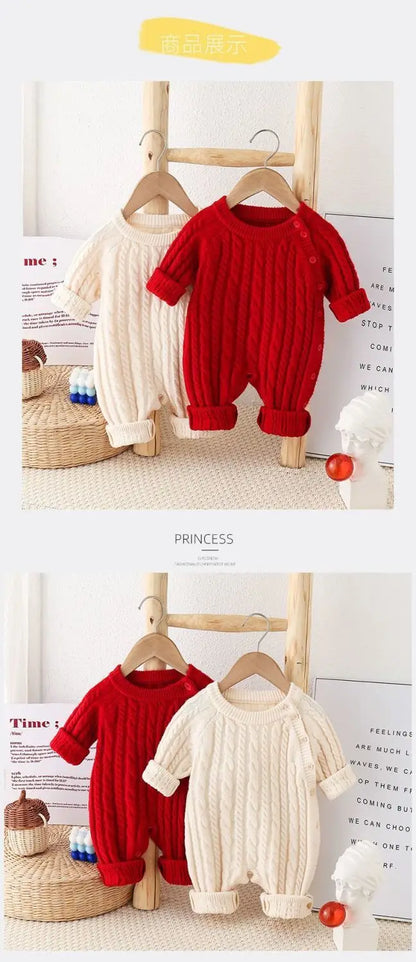 Toddler Baby Clothes Cable Romper 0-24M Newborn Boys Girls Warm Knitted Onesie Elastic Cuff Button Side Autumn Casual Jumpsuit