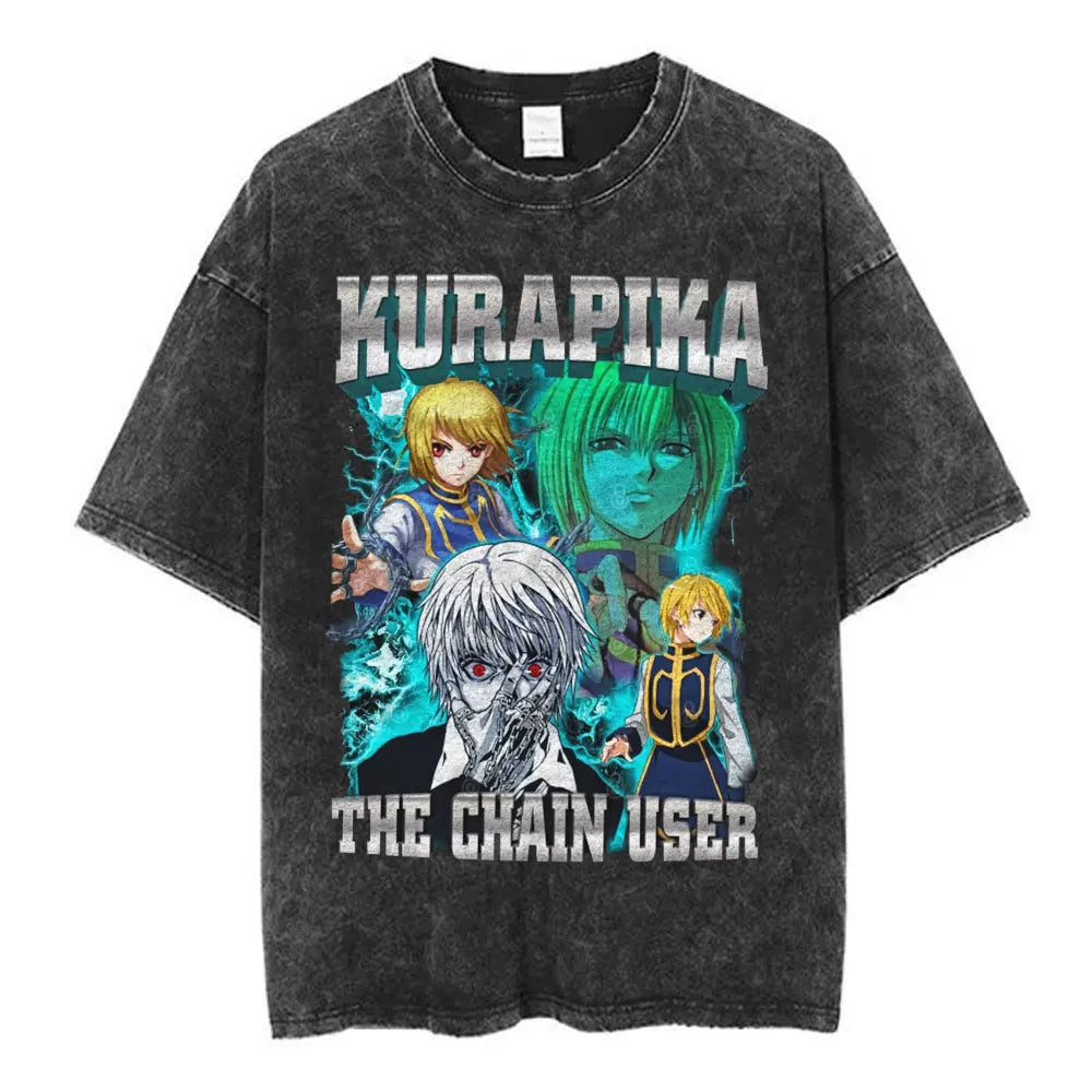 Anime Hunter X Hunter Logo Vintage Washed T Shirt Killua Gon Cherry Blossom Graphic T-shirt Men Fashion Casual Oversized Tshirt