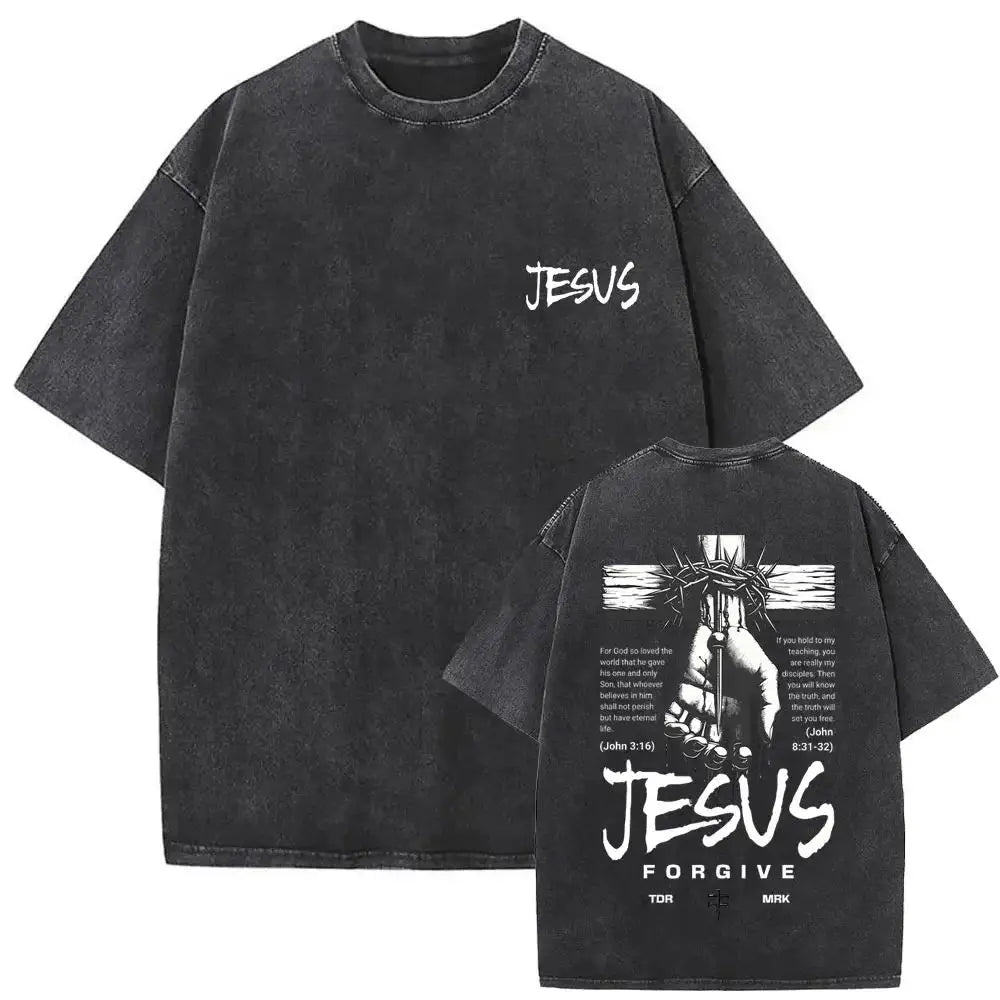 Christian Religious Jesus Forgive Them Father Vintage Washed Y2k Tshirt Men Clothing New in Top & Tees Mens T-Shirt 61327