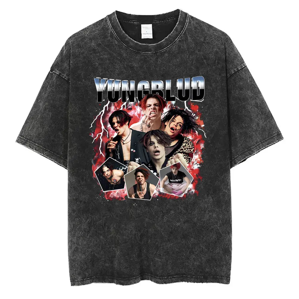 Washed Vintage Rocker Yungblud IDOLS Album Tour Double Sided Print T-shirts Men Women Fashion Hip Hop Rock Short Sleeve T Shirts