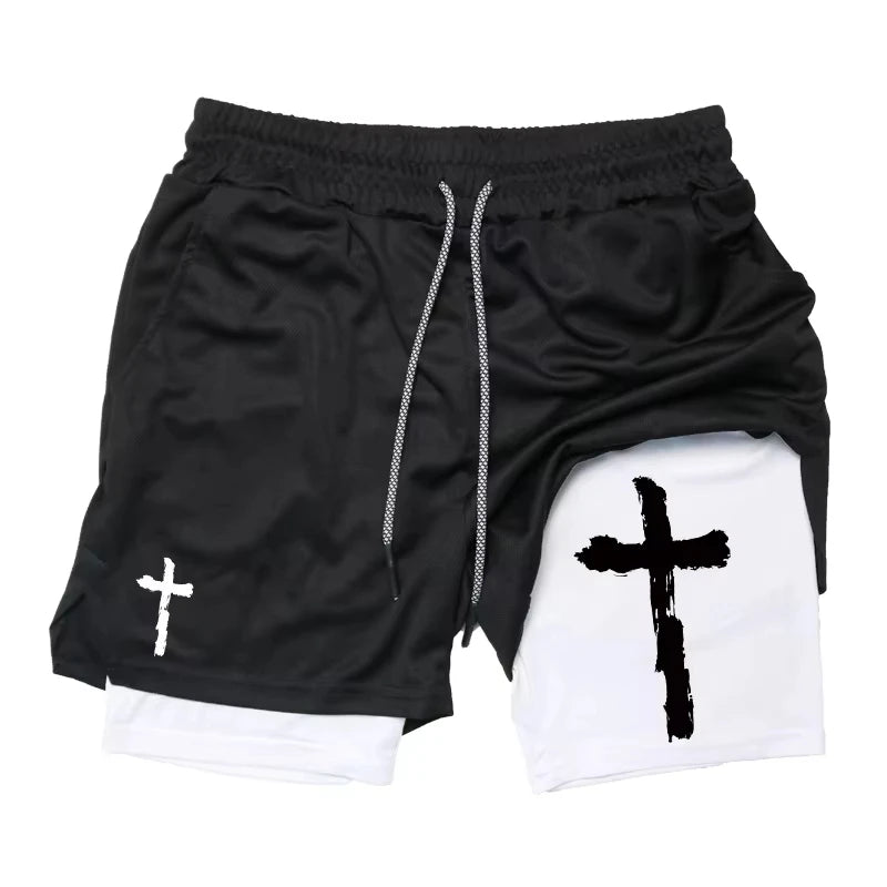 Summer New Cross Bible Printed Shorts: Unisex Double-Layer 2-in-1 Quick-Dry Sports & Fitness Pants, Beach Shorts RL10006