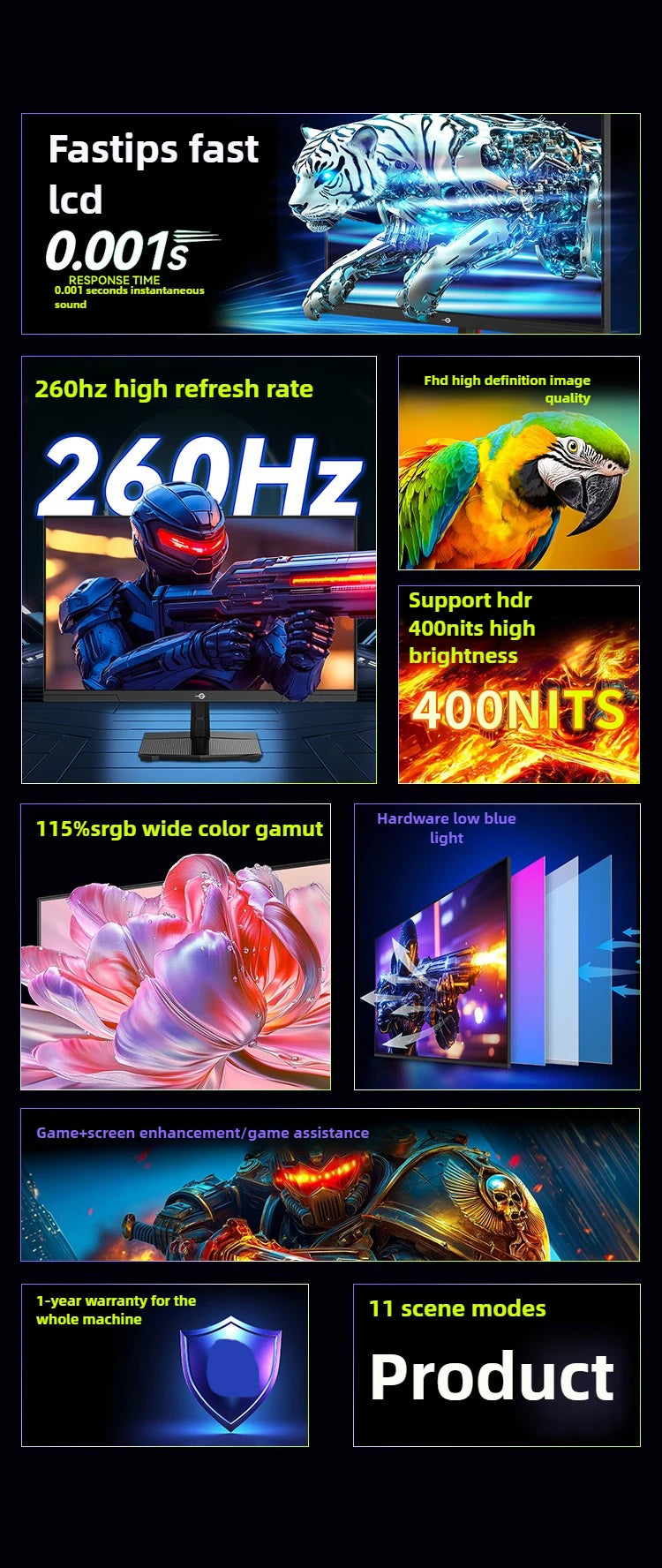 TITAN ARMY 24.5 inch Fast IPS Gaming Monitor 260Hz Hardware Low Blue Light HDR Wide Color Gamut Native 240Hz Display