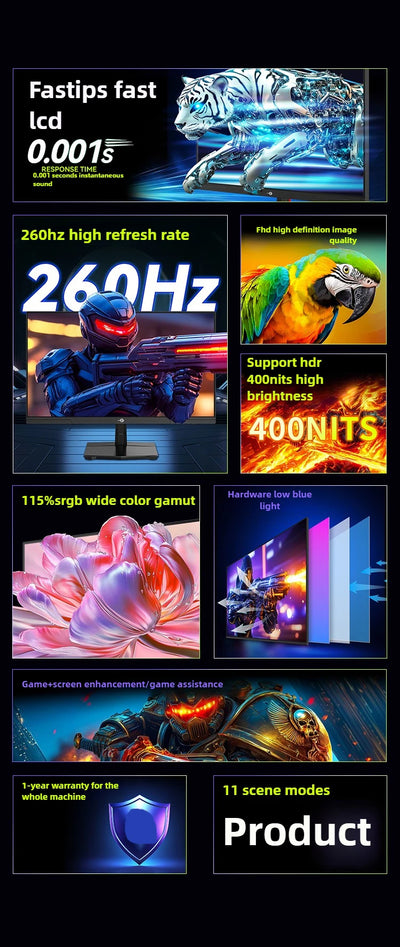 TITAN ARMY 24.5 inch Fast IPS Gaming Monitor 260Hz Hardware Low Blue Light HDR Wide Color Gamut Native 240Hz Display