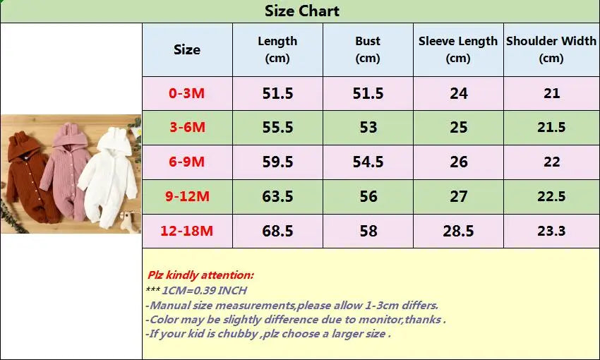 Autumn Winter Newborn Baby Romper Boys Girls Lovely Ears Hooded Long Sleeve Infant Bodysuit Warm Jumpsuit Toddler Girl Clothes