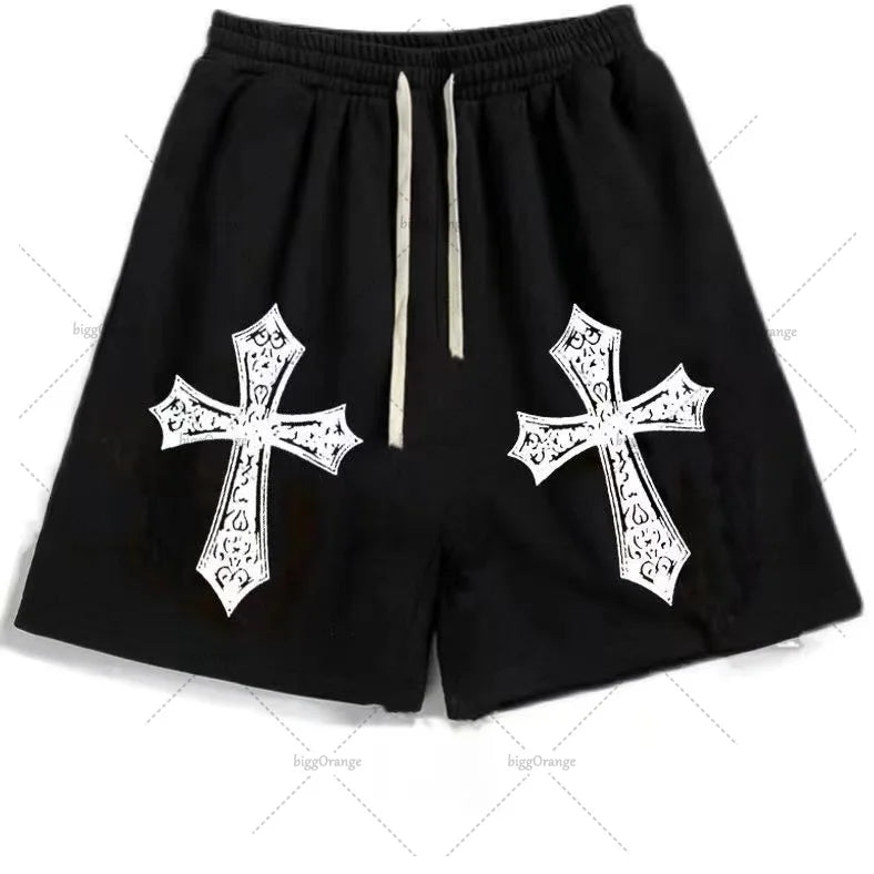 Street Hip-hop Cross Design Pattern Loose Casual Shorts Men American Y2K Harajuku Oversized Fashion Versatile Mid-pants Women