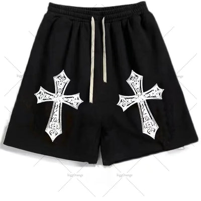 Street Hip-hop Cross Design Pattern Loose Casual Shorts Men American Y2K Harajuku Oversized Fashion Versatile Mid-pants Women