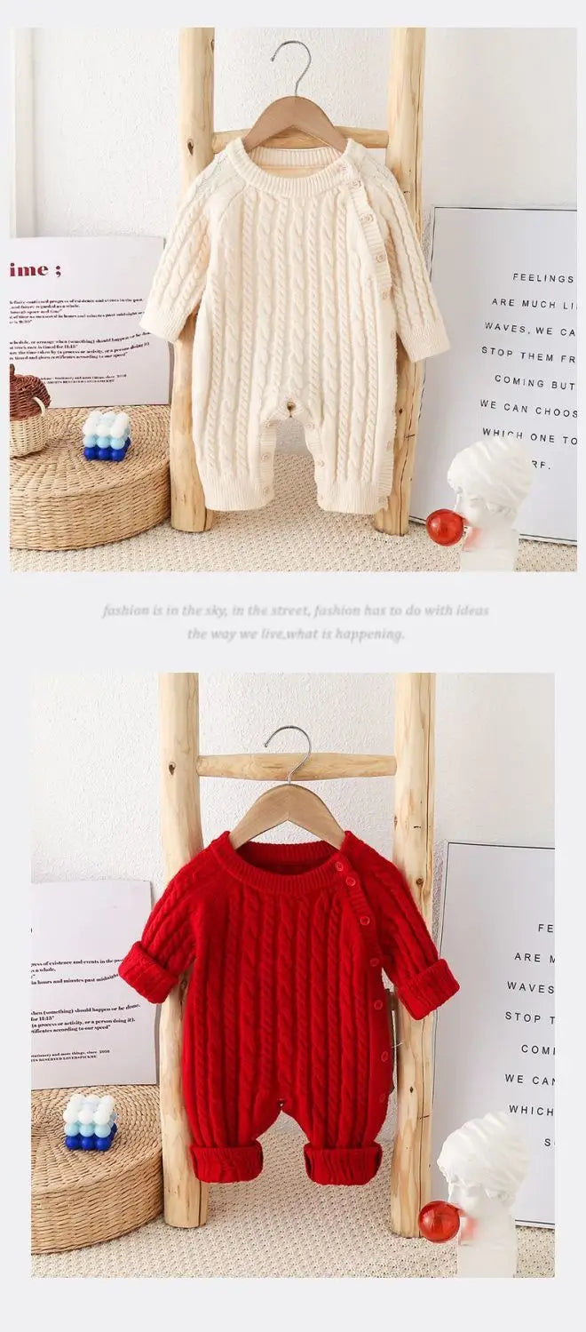 Toddler Baby Clothes Cable Romper 0-24M Newborn Boys Girls Warm Knitted Onesie Elastic Cuff Button Side Autumn Casual Jumpsuit