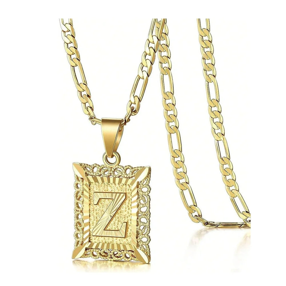 Initial Necklace Square Letter Pendant Necklace Capital Monogram Necklace Alhpabets From A-Z Figaro Chain Necklace