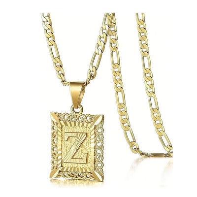 Initial Necklace Square Letter Pendant Necklace Capital Monogram Necklace Alhpabets From A-Z Figaro Chain Necklace