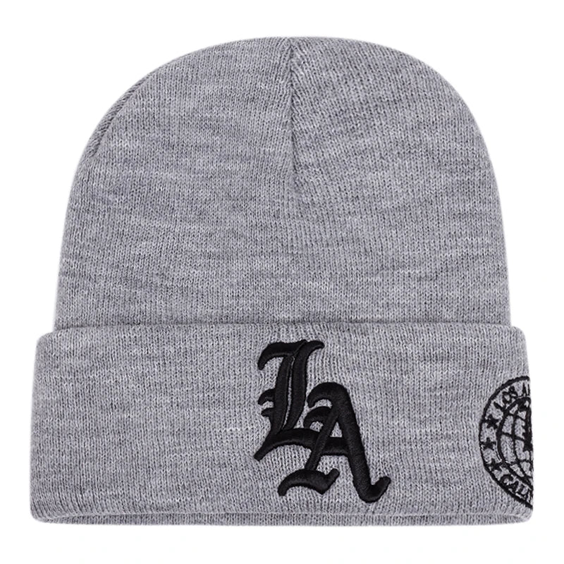 2025 New Men's LA Letter Side Embroidered Earth Knitted Hat Winter Warm Outdoor Sports Hat Soft Bean Hat Women's Casual Wool Hat