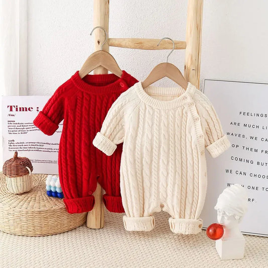 Toddler Baby Clothes Cable Romper 0-24M Newborn Boys Girls Warm Knitted Onesie Elastic Cuff Button Side Autumn Casual Jumpsuit
