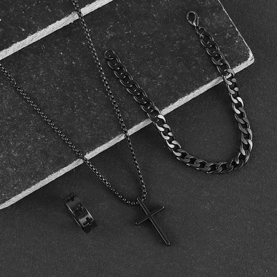 3pcs Set Men's Stainless Steel Metal Cross Pendant Chain Necklace Bracelet Ring Jewelry Set Male Hip Hop Daily Wear Accessories
