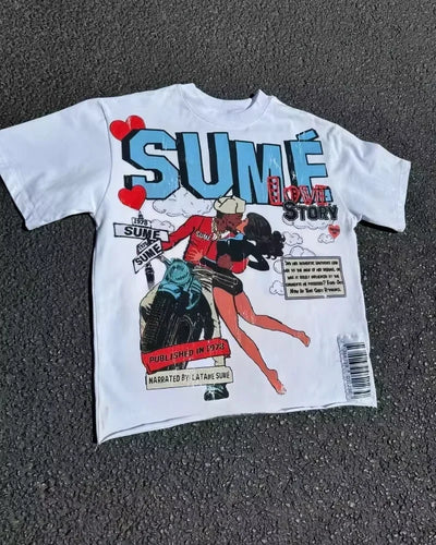 Men's Anime Letter Print T-shirt, Retro Street Fashion, Y2, Gothic Harajuku, Hip Hop, Casual Fashion for Couples Oversized Shirt