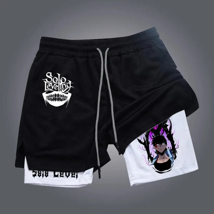 New Black Comic Solo Leveling Print Summer Men's Training Fitness Shorts Street Breathable Sweat-absorbing Double Shorts