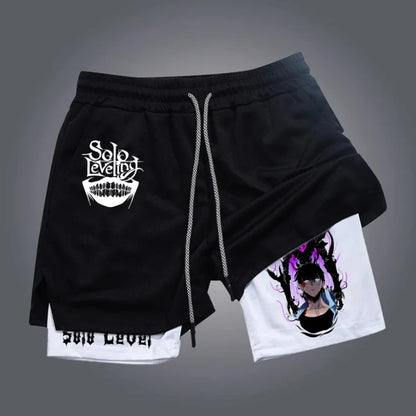 New Black Comic Solo Leveling Print Summer Men's Training Fitness Shorts Street Breathable Sweat-absorbing Double Shorts