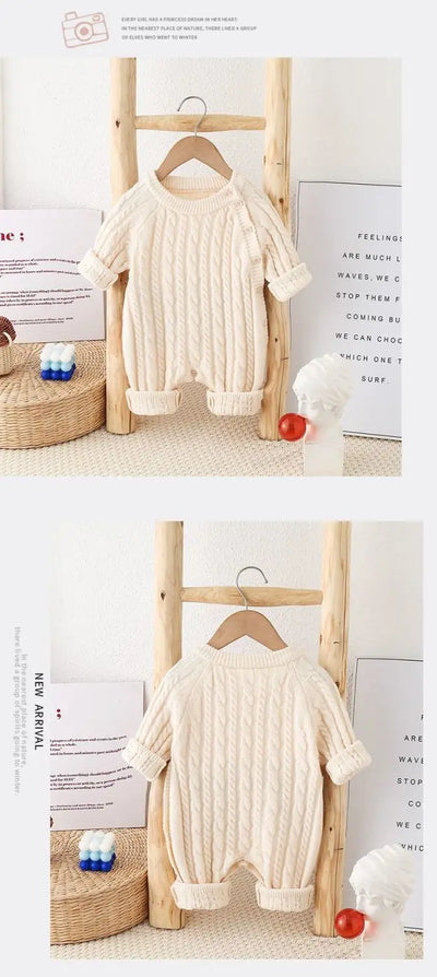 Toddler Baby Clothes Cable Romper 0-24M Newborn Boys Girls Warm Knitted Onesie Elastic Cuff Button Side Autumn Casual Jumpsuit