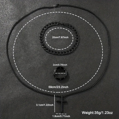 Men's 3pcs Fashion Alloy Jewelry Set - Cross Pendant Necklace, Bracelet & Ring Combo