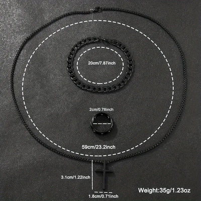 Men's 3pcs Fashion Alloy Jewelry Set - Cross Pendant Necklace, Bracelet & Ring Combo