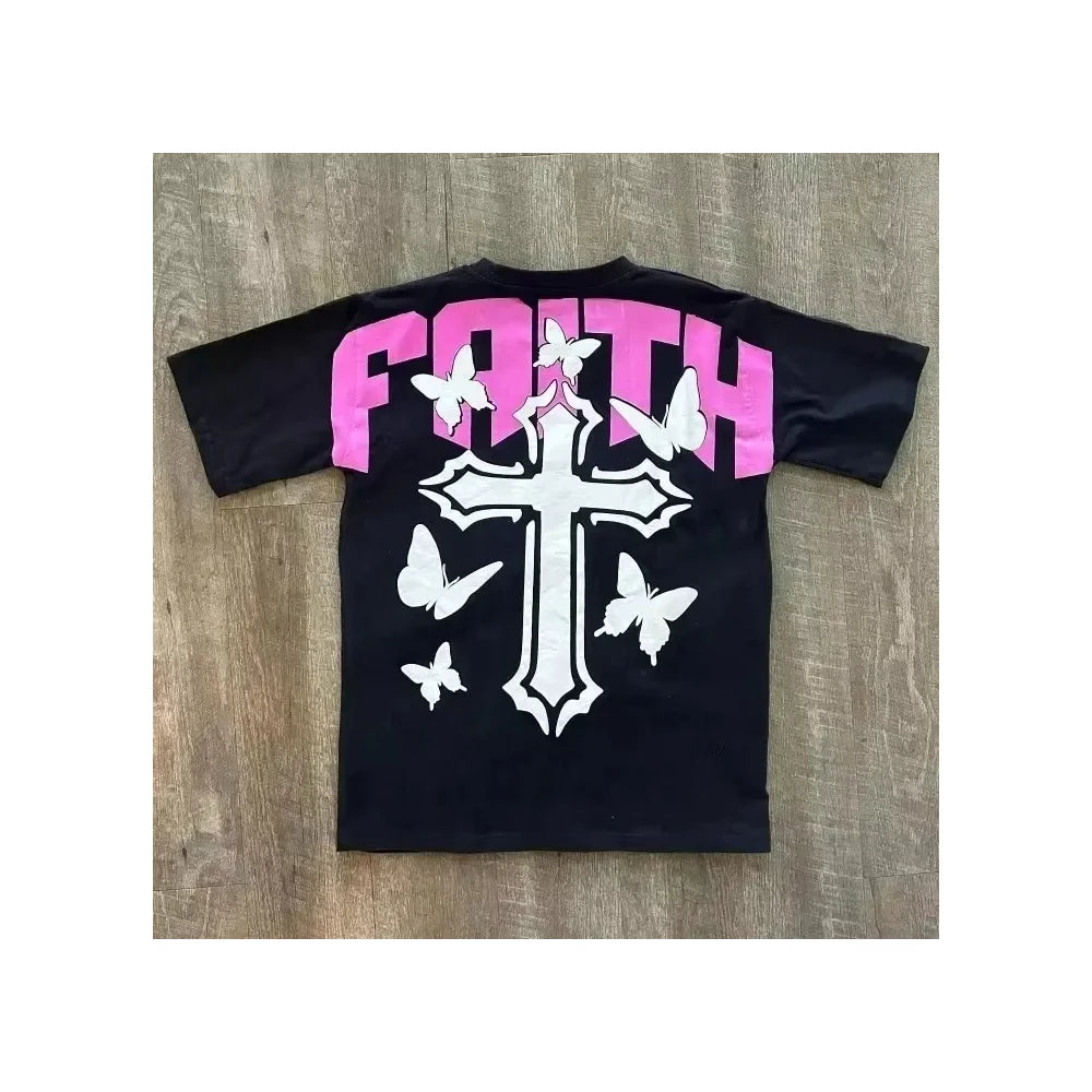 Y2K Hip Hop Letter Retro Cross Graphic Print Streetwea Oversized T-shirt Men's Round Neck Cotton Breathable Short Sleeve Tops