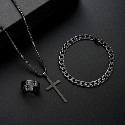 3pcs Set Men's Stainless Steel Metal Cross Pendant Chain Necklace Bracelet Ring Jewelry Set Male Hip Hop Daily Wear Accessories