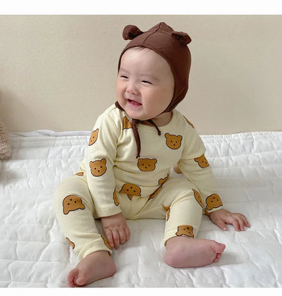 0-3Y High Waist Unisex Baby Pajama Suit Toddler Boys Cute Bear Sleep Wear Infant Pajama Girls Cartoon Print Night Wear