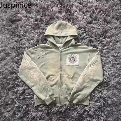 Juspinice Korean Fashion New Printed Hoodie Short Hoodie 2025 New Versatile Zipper Cardigan Jacket Male Clothing