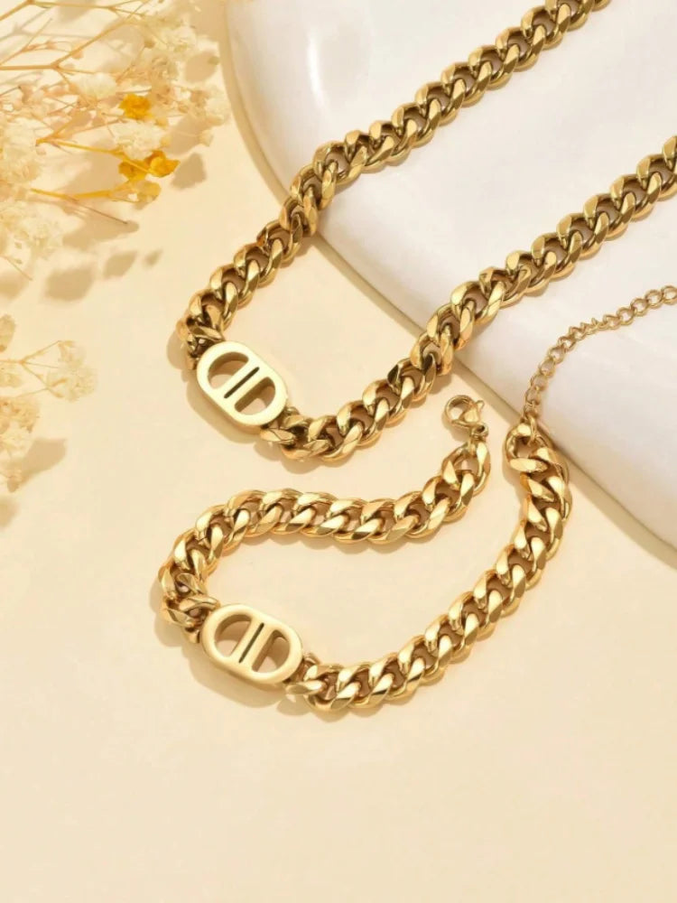 1 Stylish Double D Chain Stainless Steel Necklace and Bracelet Set, Unisex Style, High-end Elegant Party Celebration Accessories