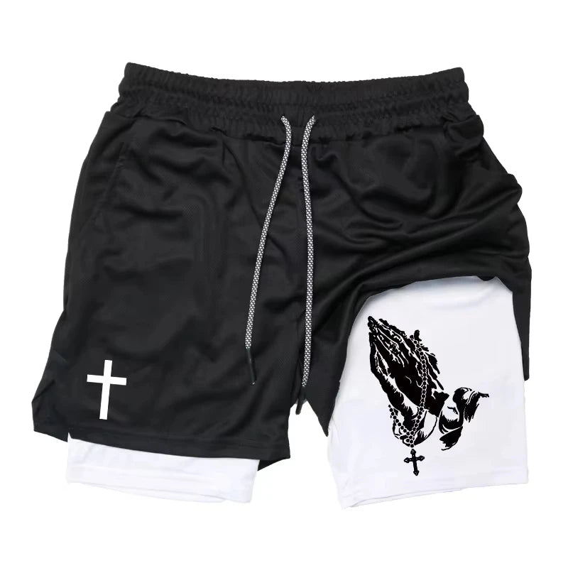 Summer New Cross Bible Printed Shorts: Unisex Double-Layer 2-in-1 Quick-Dry Sports & Fitness Pants, Beach Shorts RL10006