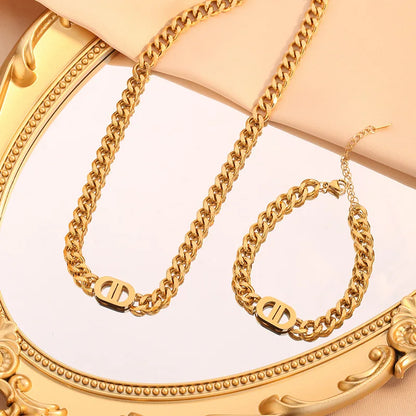 1 Stylish Double D Chain Stainless Steel Necklace and Bracelet Set, Unisex Style, High-end Elegant Party Celebration Accessories