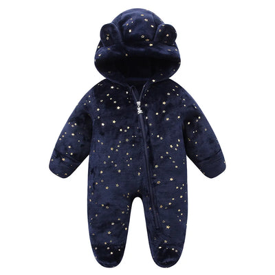 OLEKID 2025 Autumn Winter Newborn Baby overalls Plus Velvet Hooded Kids Baby Girl Rompers 0-1 Years Toddler Boy Jumpsuit Outfits