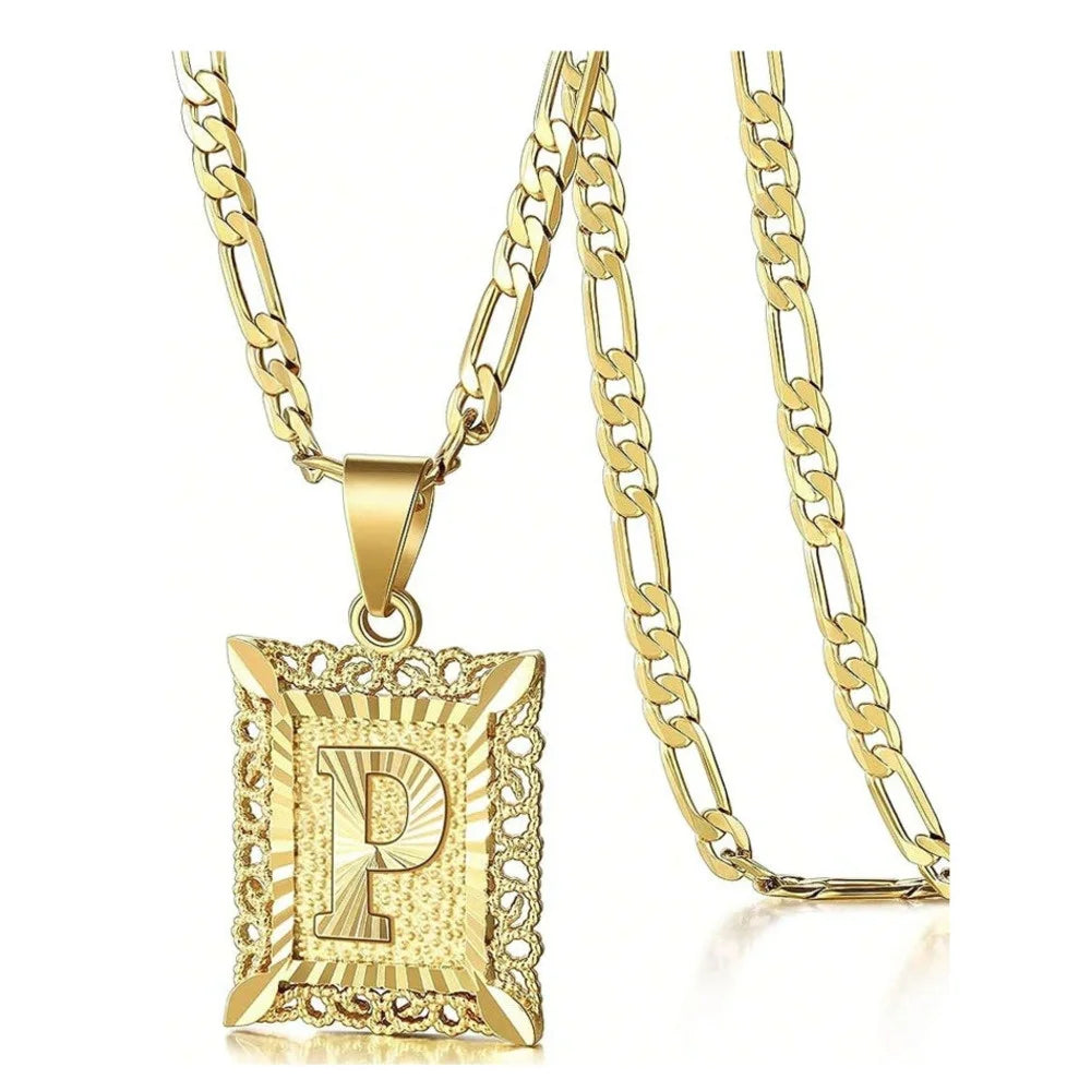 Initial Necklace Square Letter Pendant Necklace Capital Monogram Necklace Alhpabets From A-Z Figaro Chain Necklace