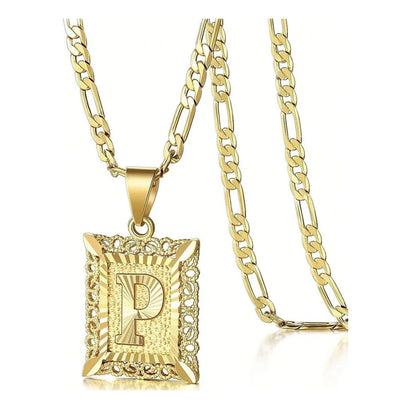 Initial Necklace Square Letter Pendant Necklace Capital Monogram Necklace Alhpabets From A-Z Figaro Chain Necklace