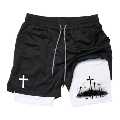 Print 2 in 1 Running Workout Shorts for Men Christian Gym Athletic Performance Shorts with Phone Pocket Towel Loop Activewear