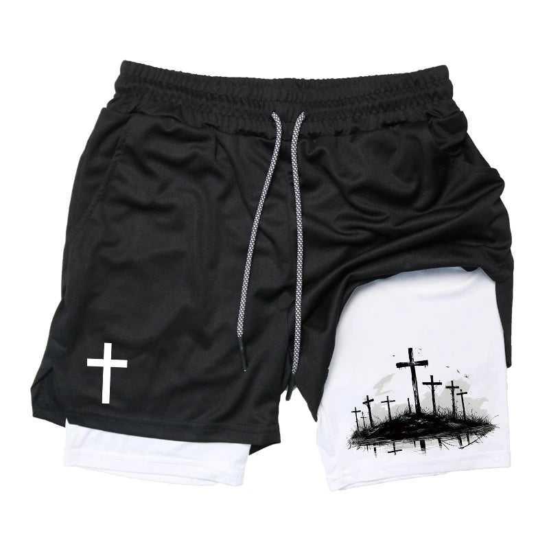 Print 2 in 1 Running Workout Shorts for Men Christian Gym Athletic Performance Shorts with Phone Pocket Towel Loop Activewear