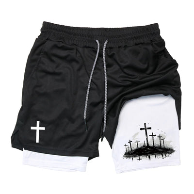 Print 2 in 1 Running Workout Shorts for Men Christian Gym Athletic Performance Shorts with Phone Pocket Towel Loop Activewear