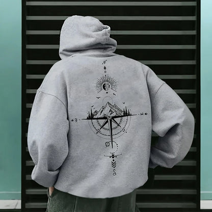 Vintage Compass Print Hoodies for Men High Quality Hooded Long Sleeve Pullover All Season Daily Casual Sports Tops Men's Clothes