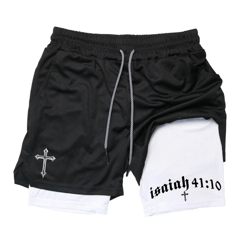 Men's BiBible patterned two-in-one sports shorts Christian fitness training mobile phone pocket running