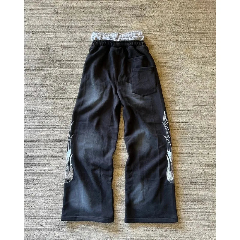 American Sweatpants Y2K Pants Men Gothic Hip Hop Letter Patch Retro Double Layer Design Baggy Elastic Waist Jogging Casual Pants