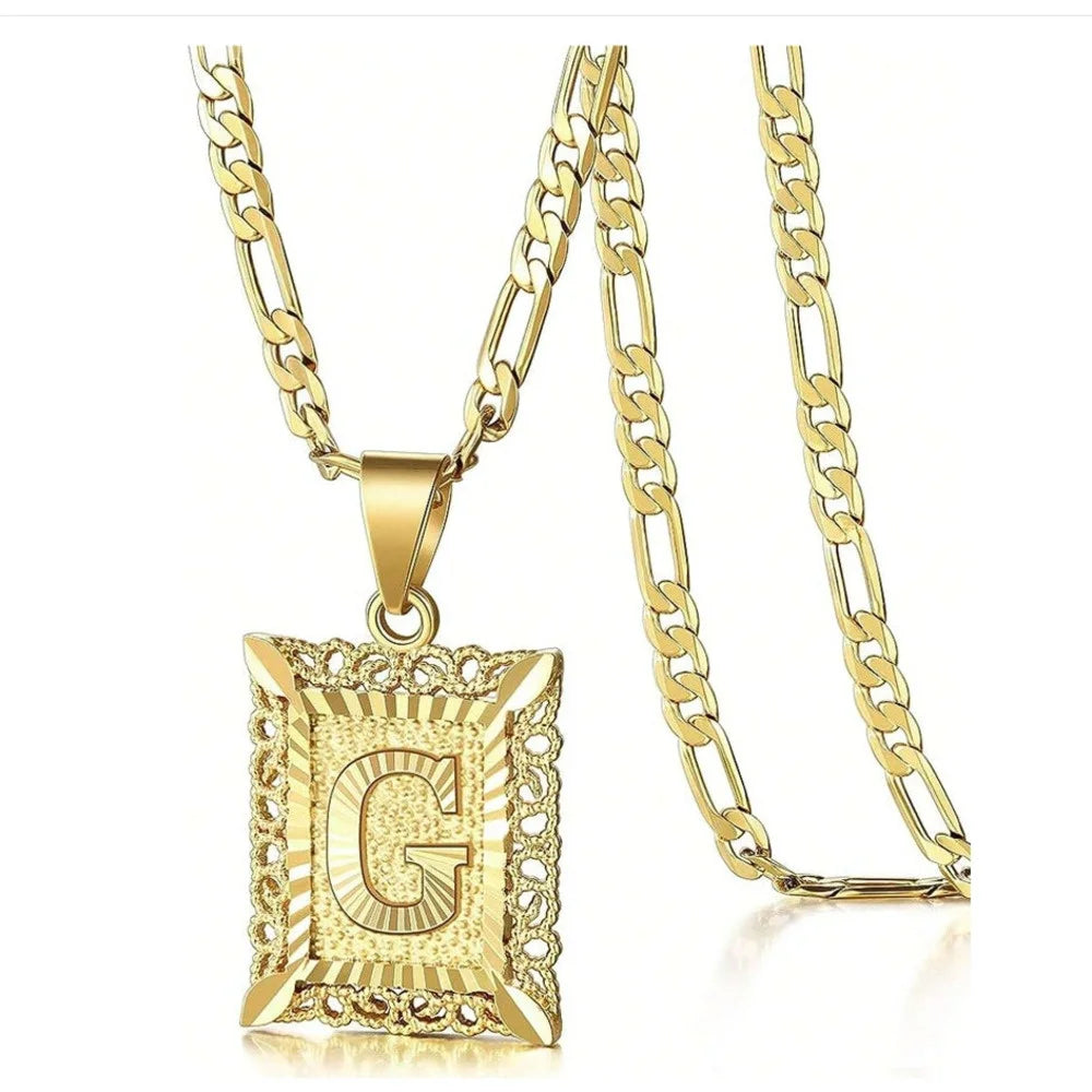 Initial Necklace Square Letter Pendant Necklace Capital Monogram Necklace Alhpabets From A-Z Figaro Chain Necklace
