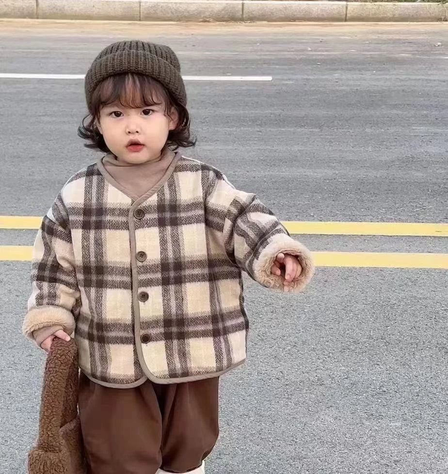 Woolen Plaid Children's Plush Coat Korean Version Autumn and Winter New Boys' and Girls' Coats Loose Baby Cotton Padded Clothes